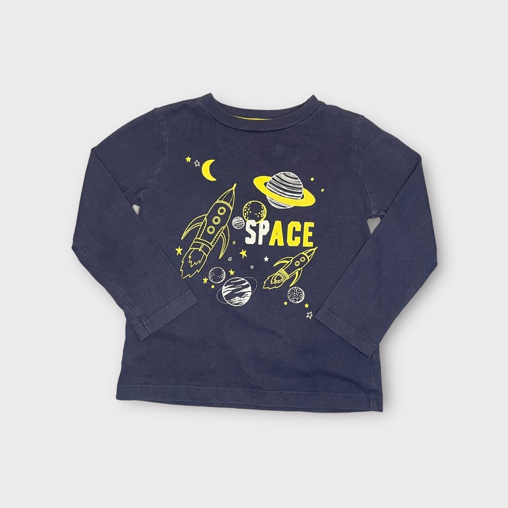 Mini Boden Space Rocketship Graphic Blue Long Sleeve Shirt
